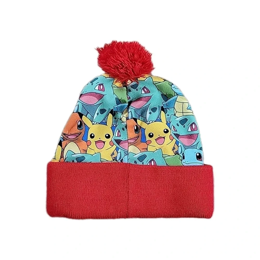 Pokemon Pikachu‎ Pom Pom Beanie Hat Kids One Size Multicolor Knitted Cuffed
